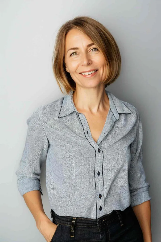 Kvinne med en elegant bob-hårklipp for tynt hår, myk sidedel i hakelengde' title=