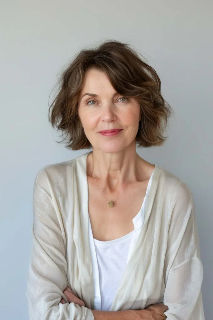 Kvinne med en rotete hakelang bob-hårklipp tullete lag uanstrengt stil' title=