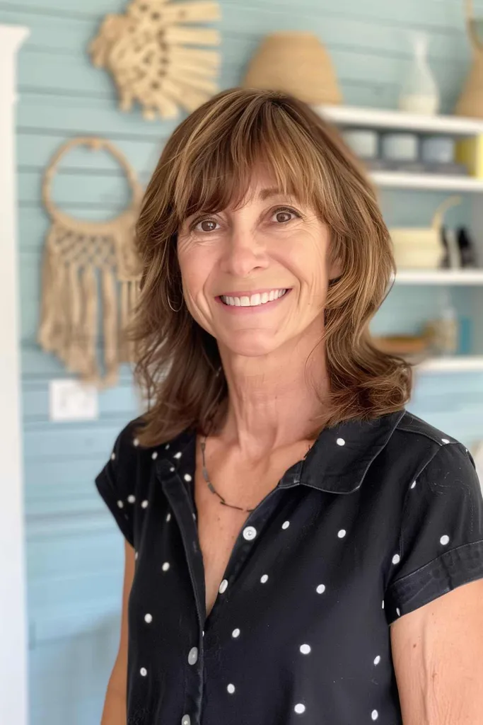 Kvinne med et lagdelt bob-hårklipp med smell i skulderlengde, egnet for lange ansikter' title=