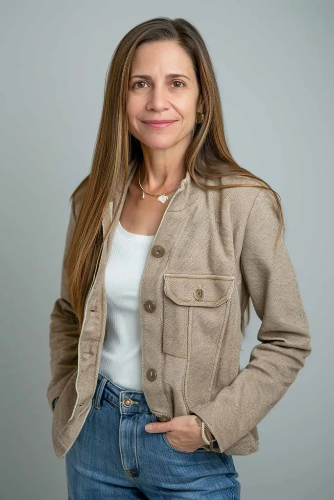 Kvinne med slankt langt hår sideparti rett til lett bølget hår klassisk og sofistikert stil' title=