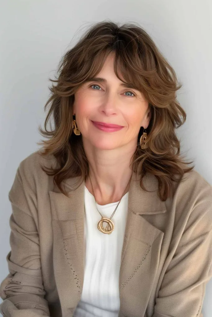 Kvinne med en lagdelt kragebenslang hårklipp med pannelugg middels til tykt hår stilig og allsidig' title=