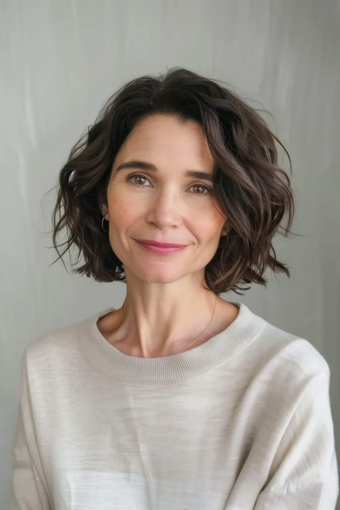 Kvinne med en teksturert bølget bob-hårklipp middels lang rufsete bølger moderne og elegant stil' title=