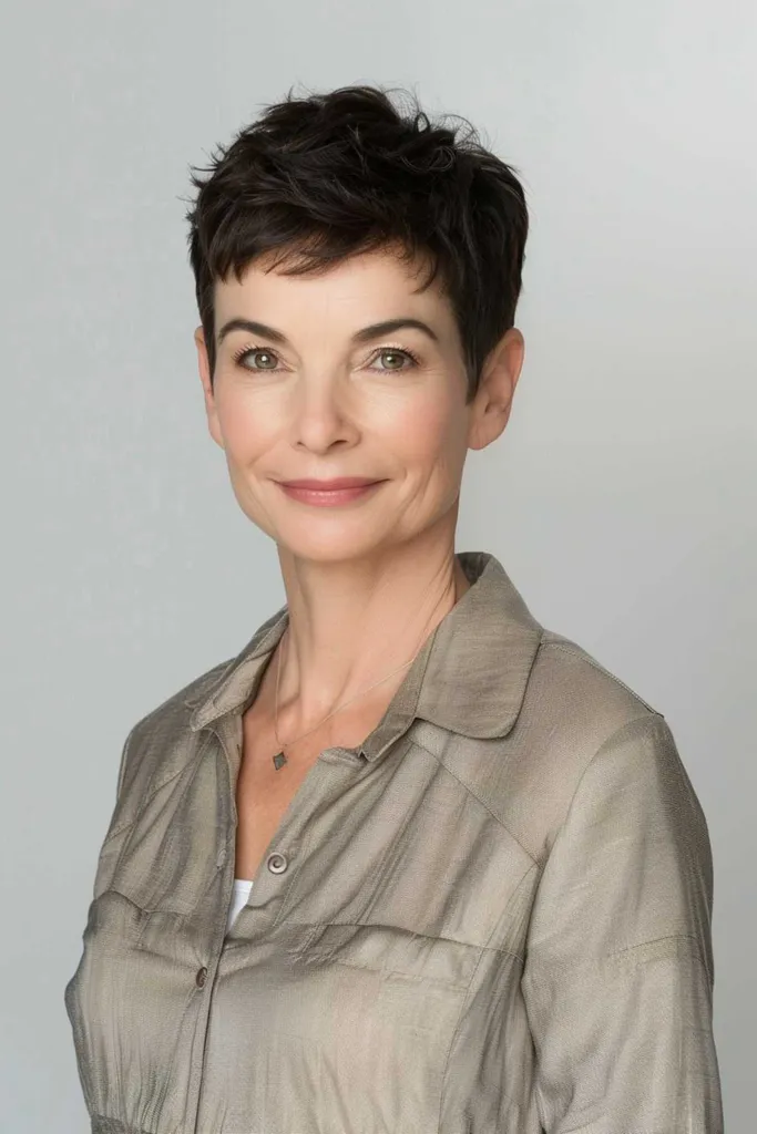 Kvinne med en teksturert nisse klippet korte hakkete lag, moderne frisyre med lite vedlikehold' title=