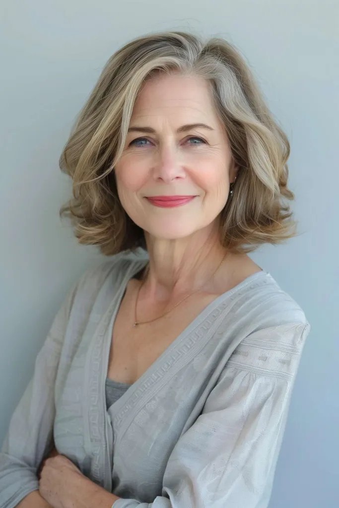 Kvinne med en myk bølget bob-hårklipp for tykt hår i halslengde sideparti' title=