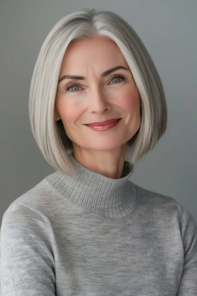 Kvinne med klassisk sølv-bob-hårklipp hakelang midtdel' title=