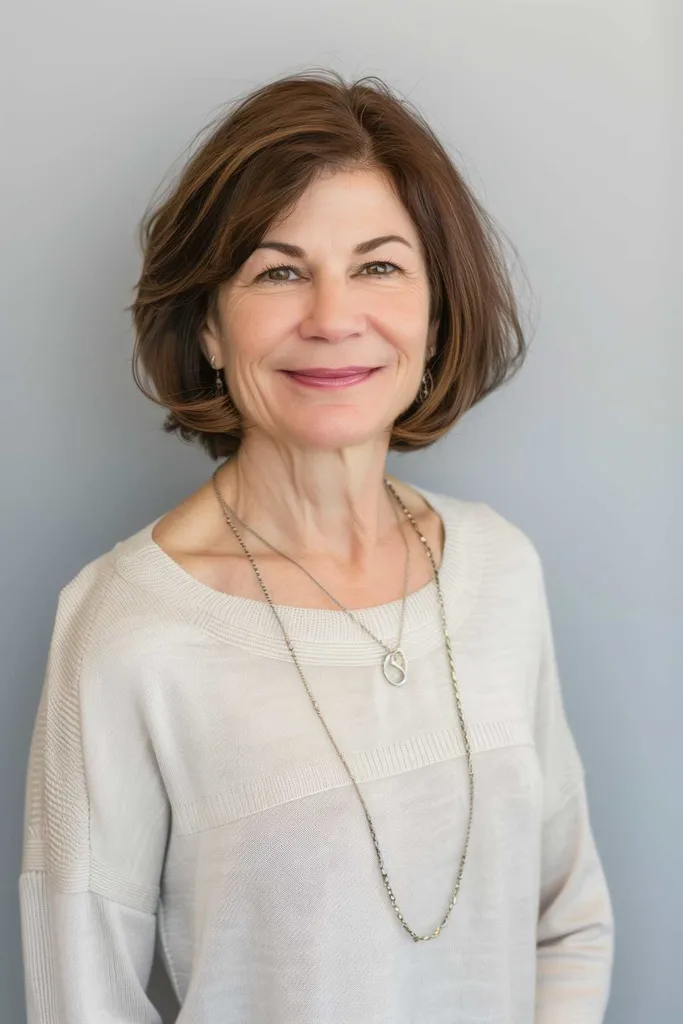 Kvinne med kort, lagdelt bob-hårklipp hakelang naturlig brun farge' title=