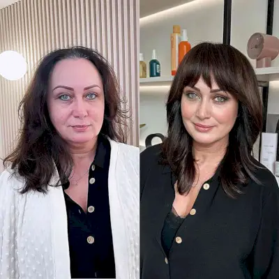 Dark Brunette Collarbone-Length Hair with Fringe for 40-year-Old Ladies