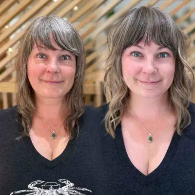 Blonde Balayage with Full Bangs for 40-Year-Olds with Mid-Length Hair
