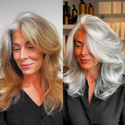 Grey Balayage Makeover for Mid-Length Feathered Hair and Women Aged 40