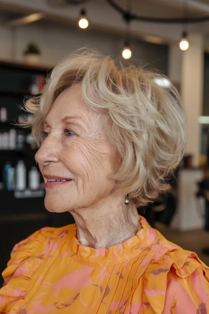 Un bob alla moda ad angolo mosso con strati arruffati che aggiungono volume e consistenza per le donne anziane che desiderano un look moderno e disinvolto' title=