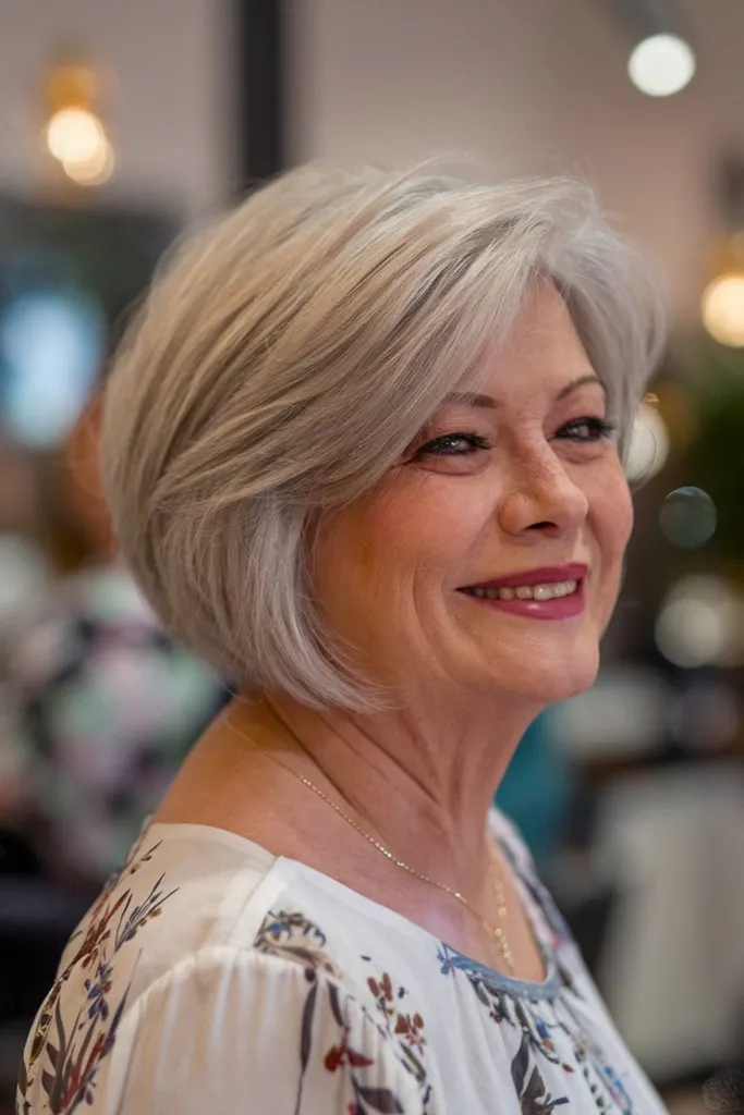 Un elegante caschetto angolato con strati spostati lateralmente progettato per allungare i volti rotondi e migliorare la definizione del viso' title=