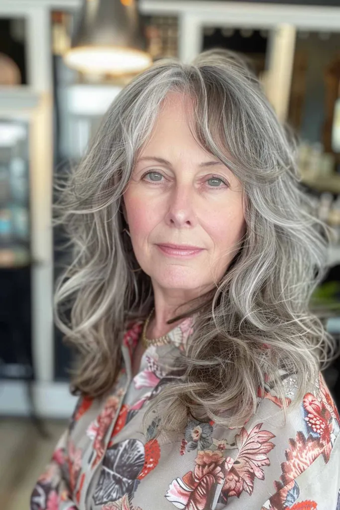 Frau mit mittellangem Shag-Haarschnitt mit geschichteten Wellen und weichem Pony.' title=