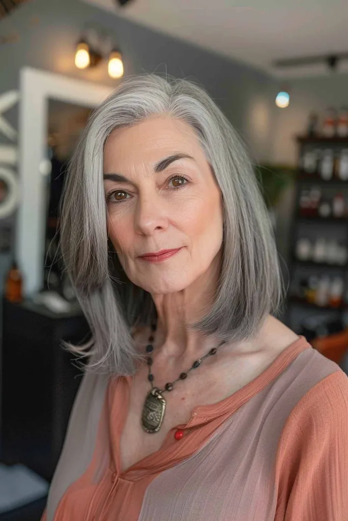 Frau mit schulterlangen grauen Haaren mit weichen Stufen im Wash-and-Wear-Stil.' title=