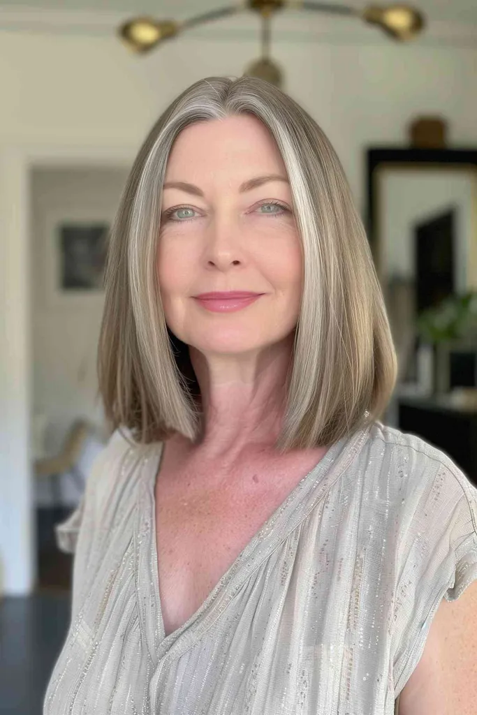 Frau mit mittellangem, stumpfem Bob-Mittelteil und natürlichen grauen Highlights.' title=