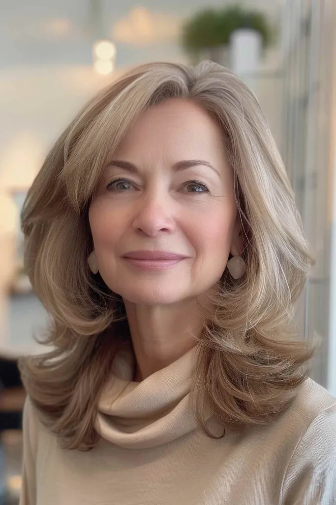 Frau mit mittellangem Haar mit gefiederten Schichten, die für einen weichen und luftigen Look sorgen.' title=