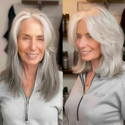 Medium Bob with Feathered Layers on White Hair