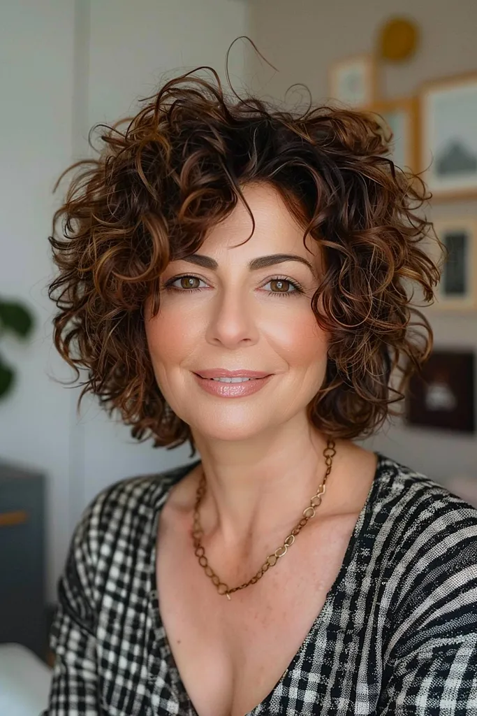 Ansiktsrammende krøllete bob-frisyre for kvinner over 50 år' title=