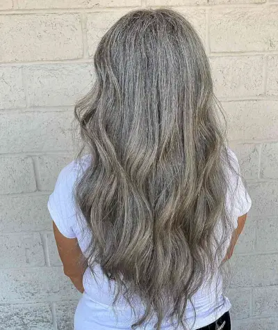 Long Brunette Balayage Hair on Natural Greys for Older Ladies