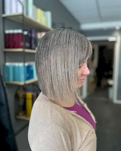 Dove Grey Long Blunt Bob with Bangs for Senior Ladies
