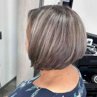 Dimensional Short Bob with Grey Highlights for Senior Women