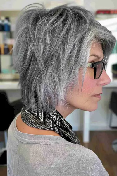 liberated grey hair shag