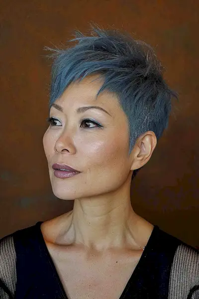 Blue steel pixie short haircut for older Asian women