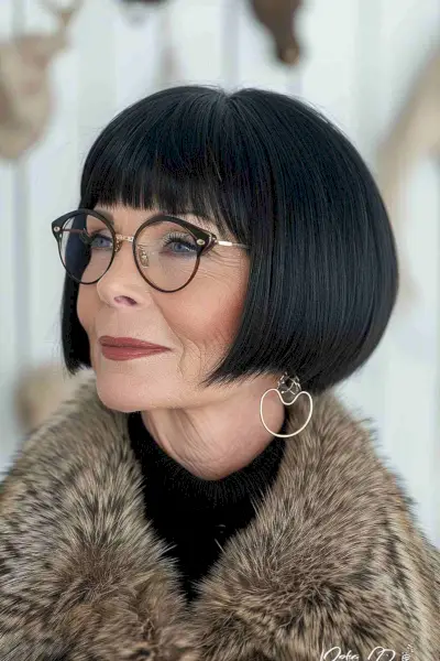 Short Concave Bob with Micro Bangs for an Older Woman
