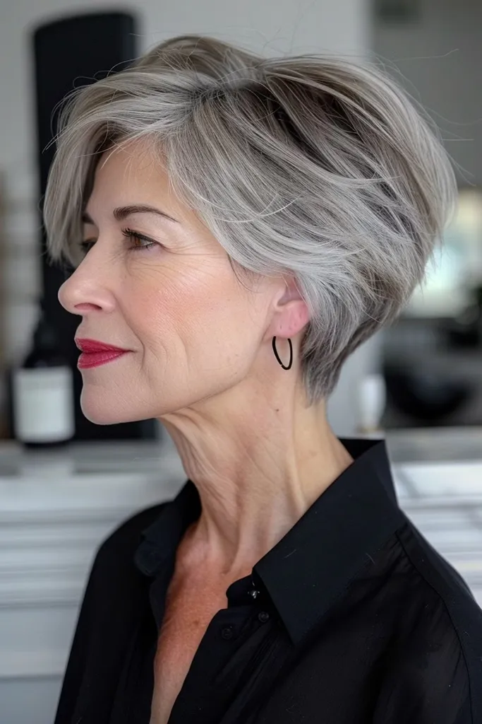 ķīļveida griezums sievietēm pēc sešdesmit gadiem ar plāniem matiem' title=