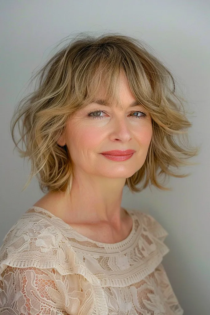 Zachte, lichte bob met piekerige pony voor volwassen vrouwen' title=