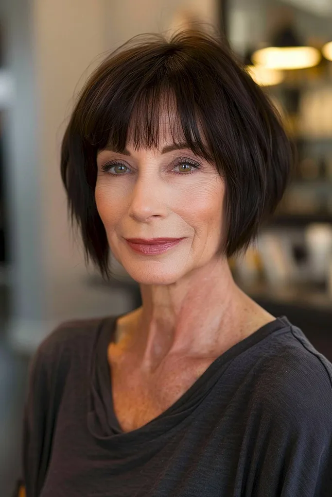 Rechte korte bob met ponykapsel' title=