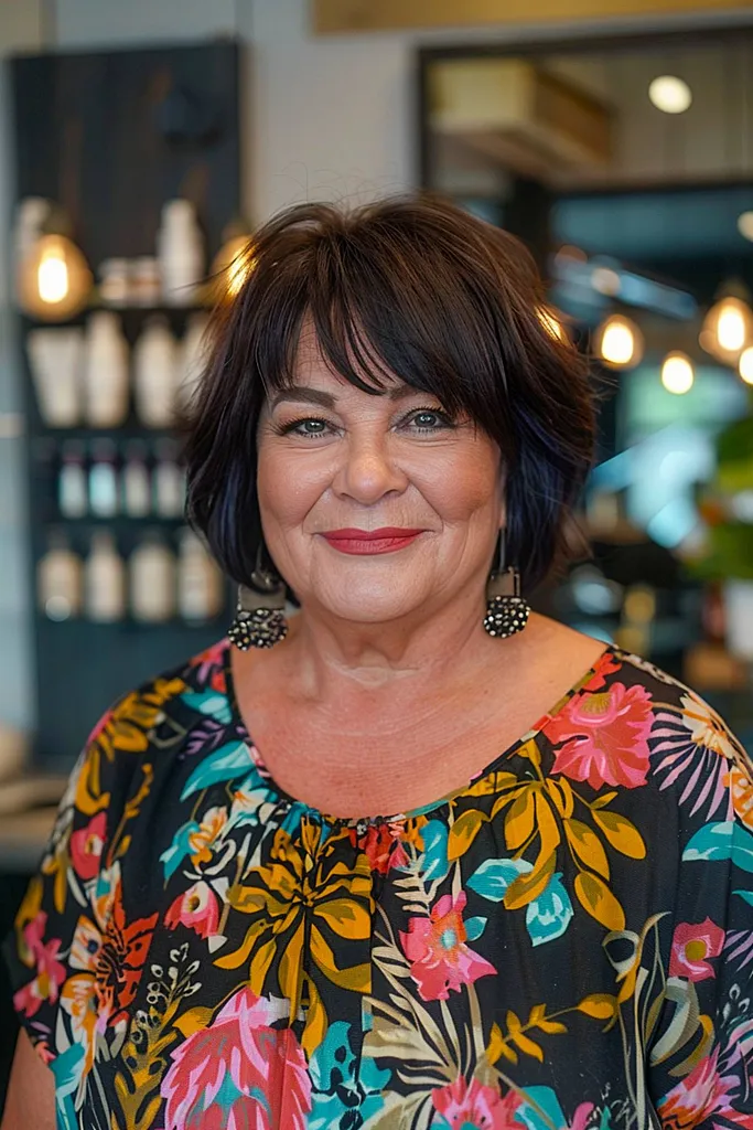 Korte bob met pony voor kapsel met ronde gezichten' title=