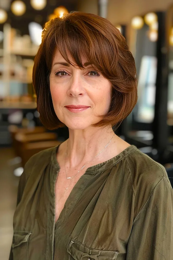 2025년 50세 이상 여성이 좋아하는 앞머리 있는 트렌디한 짧은 밥 아이디어 15개 이상