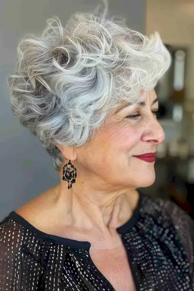 A flattering wedge haircut for women over 60 with curly hair