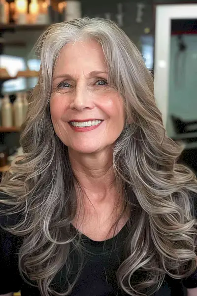 Long Wavy Hair with Center Part for a woman in her 60s