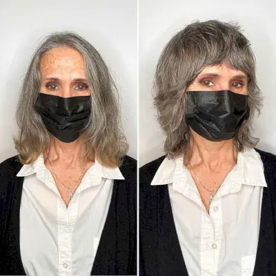 Shoulder-Length Shag with Bangs for Silver Hair