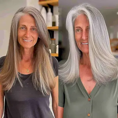 Medium-Length Gray Balayage Straight Hair for Ladies Aged 60
