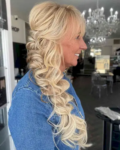Pull-Through Braid and Thin Bangs for 50-year-olds Long Hair