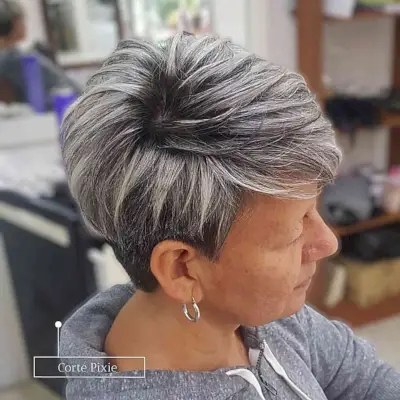 Salt-and-Pepper Pixie with Choppy Layers for woman over 60 years old