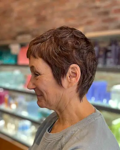 Choppy Textured Pixie Shag with Mini Bangs on Women Over 60