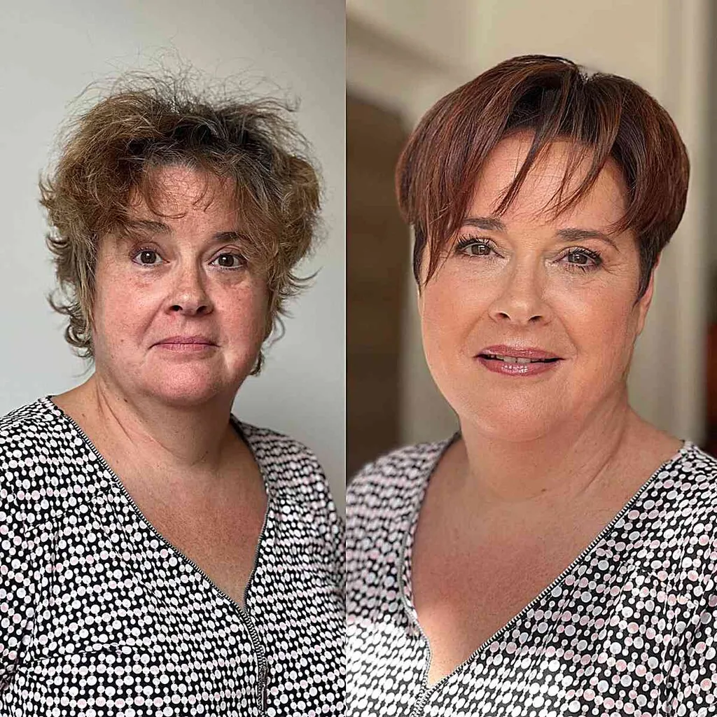 Krátký sestřih s tenkými dlouhými třásněmi pro ženy ve věku 50 let s kulatým obličejem' title=