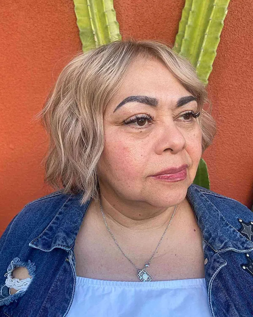 Krátké vlasy se slabým světlem a rozčesanými konečky pro 50leté s kulatým tvarem obličeje' title=