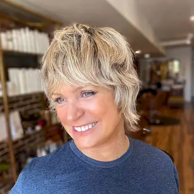 Easy-to-Wear Soft Blonde Baby Shag with Bangs for Mature Women Aged Fifty