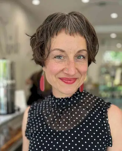 Wash and Wear Very Short Hair with Baby Bangs for 50-Year-Old Women