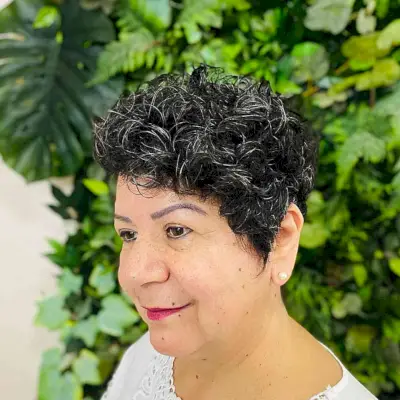 Wash and Wear Dark Curly Pixie for Older Ladies in Their 50s
