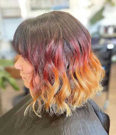 Burgundy to Honey Blonde Ombre with Bangs