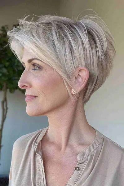Short stacked pixie bob hairstyle with side-swept bangs and tapered nape for volume and easy maintenance
