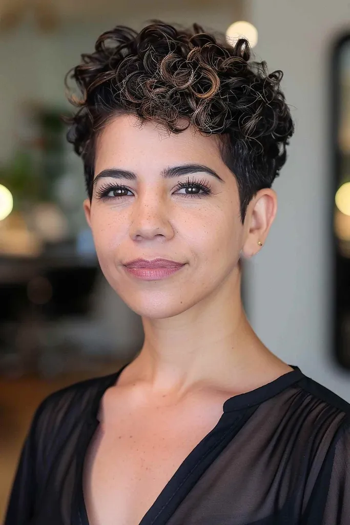 Trendy langt nissesnitt med korte sider for krøllete hår' title=