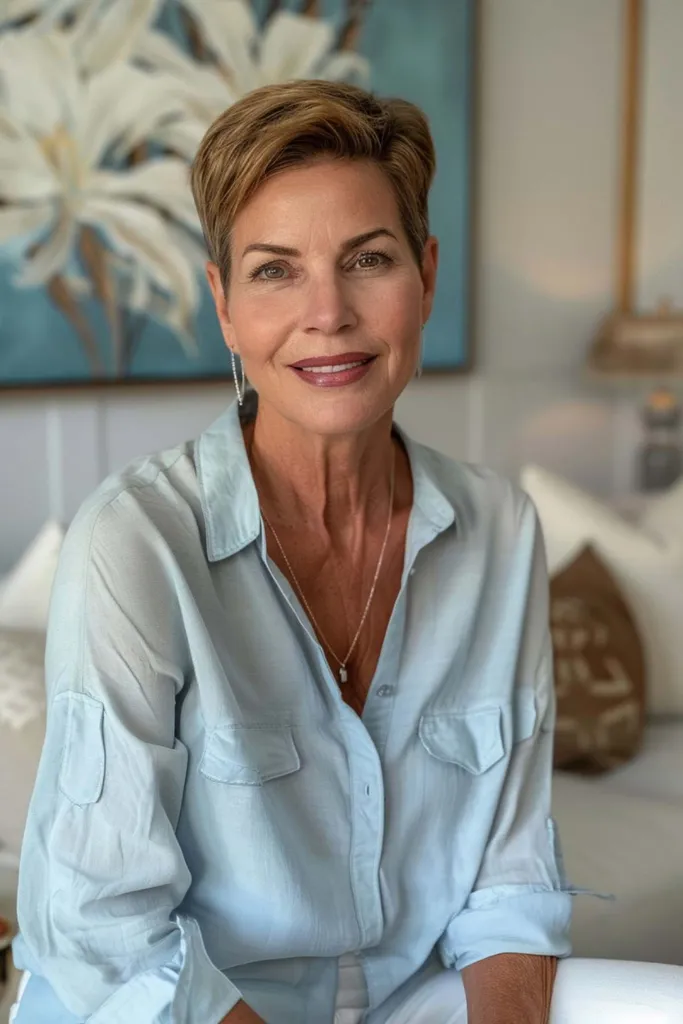 Stilig kort nissesnitt med rene avsmalnende sider og minimale lag for eldre kvinner' title=