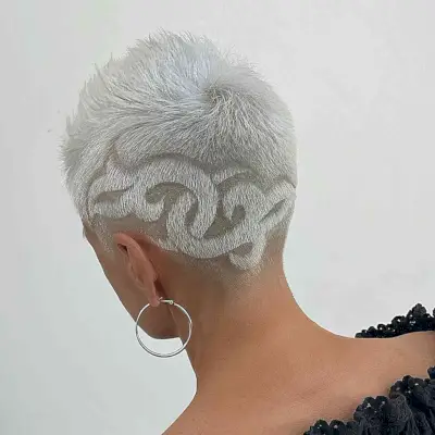 Very Short White Pixie with Intricate Designs