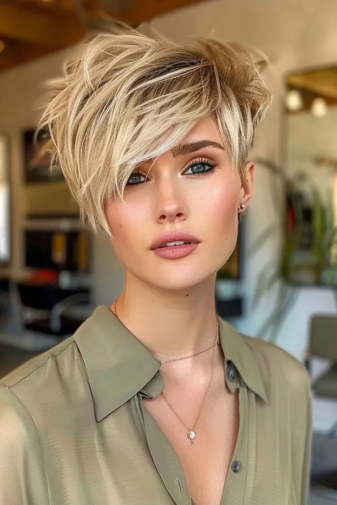 前髪のある乱雑なピクシーのヘアスタイル' title=